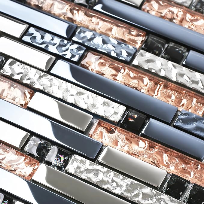 Mosaic Tiles Crystal Glass Tile Rose Gold Interlocking Chrome Silver Black Ink Blue Mosaic Bath Kitchen Fireplace Decor TSTGT107 (5 Square Feet)