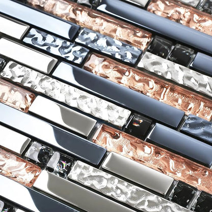 Mosaic Tiles Crystal Glass Tile Rose Gold Interlocking Chrome Silver Black Ink Blue Mosaic Bath Kitchen Fireplace Decor TSTGT107 (5 Square Feet)