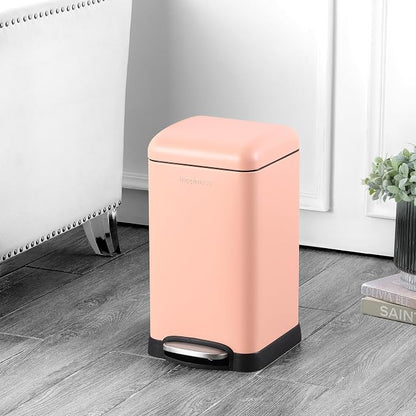 happimess Betty Retro Mini 3.2 Gal Step Trash Can, Flamingo Pink | Soft-Close Lid, Removable Liner, Iron, Hands-Free Pedal, Satin Finish, Non-Skid Base, Built-In Damper, Modern, Minimalistic