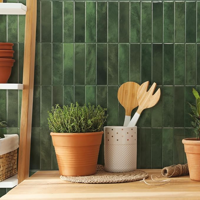 Smart Tiles Peel and Stick backsplash, Stacked Forest Green, 11.43"x9" | Pack of 5 (3.5 sq ft), Glossy, Heat/Moisture Resistant, Low VOC, Kitchen/Bathroom, Renter Friendly, Made in Canada