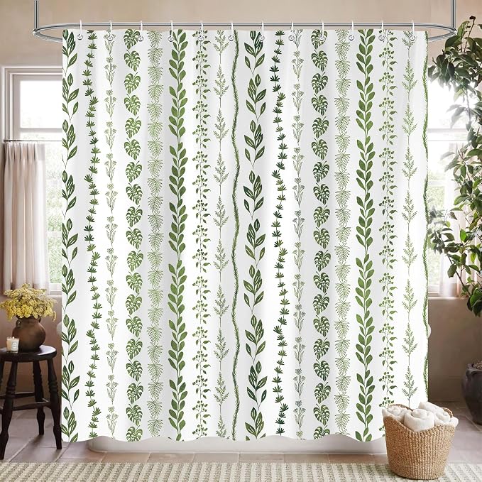 Boho Shower Curtain Waterproof Fabric Bath Curtain with Hooks 72x72 inch，Sage Green Modern Farmhouse Bathroom Decor