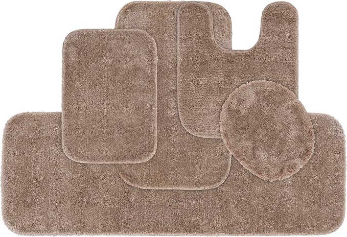 Garland Rug Traditional 5 Piece Nylon Washable Bathroom Rug Set Taupe