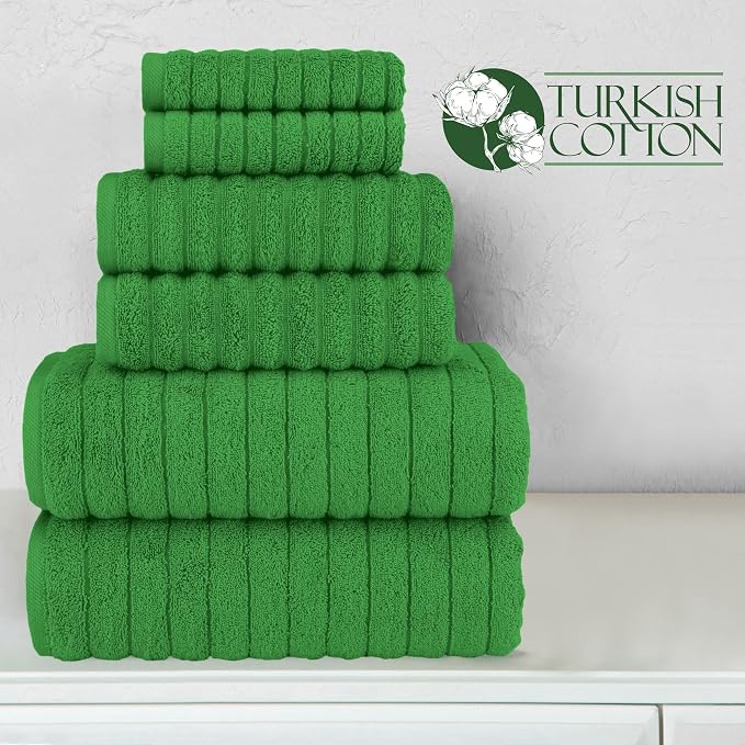 Elegant Comfort 100% Turkish Cotton Corduroy Ribbed Luxury Bath Towels 6-Piece Set, Premium Feel - Quick Dry, Highly Absorbent, Contains 2 Bath Towels, 2 Hand Towels, and 2 Washcloths, Emerald Green