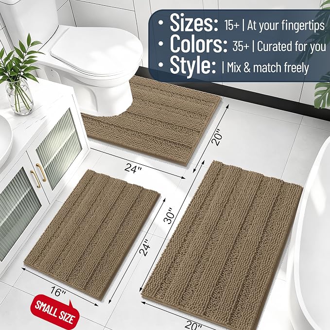 Smiry Thick Chenille Bathroom Rugs 36x24, Soft Absorbent Bath Mat, Tan | Quick‑Dry & Machine Washable, Non‑Slip Bath Carpet, Striped Bath Rugs for Tub & Shower, Modern Home Decor Accessories