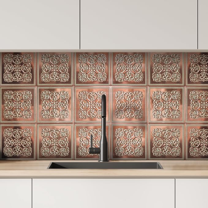 Peel and Stick Metal Backsplash Tiles, Patina Copper, 10-Pack | 8 x 8 in tile size; Covers up to 4.44 sq ft; Aluminum; Water-resistant surface; For kitchens, ceilings, DIY projects