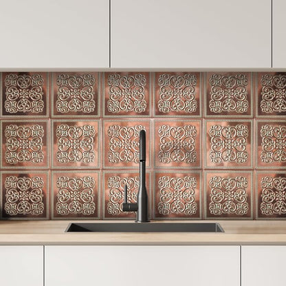 Peel and Stick Metal Backsplash Tiles, Patina Copper, 10-Pack | 8 x 8 in tile size; Covers up to 4.44 sq ft; Aluminum; Water-resistant surface; For kitchens, ceilings, DIY projects