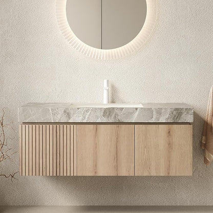 48 Inch Floating Bathroom Vanity with Sink, Wall-Mounted Bathroom Vanity with Drawer and 2 Doors, Light Gray Sintered Stone Countertop and Ceramic Basin, Pre-Assembled, White Oak Woodgrain