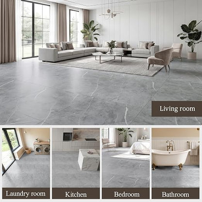 DEXDE Peel and Stick Floor Tile Grey Marble Waterproof 2FTx2FT 20 PC | Waterproof Self-adhesive Vinyl Floor Tiles, 80 Sq.Ft (20 Large 24x24 Pack), Vinyl Flooring for Bathroom Kitchen DIY Upgrades