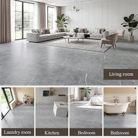 DEXDE Peel and Stick Floor Tile Grey Marble Waterproof Vinyl 2FTx2FT 10 PC | Waterproof Self-adhesive Vinyl Tiles, 40 Sq.Ft (10 Large 24x24 Pack), Vinyl Flooring for Bathroom Kitchen DIY Upgrades