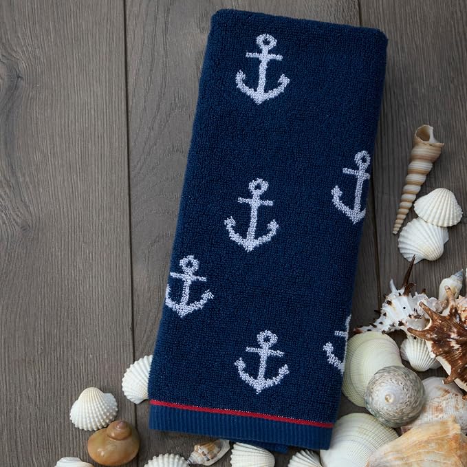 SKL Home Nautical Anchor Jacquard Hand Towel Set-2pc, 100% Cotton, Navy | Plush, absorbent & reversible. Great for everyday & coastal/beach décor in the bathroom, kitchen, bar or any sink space.