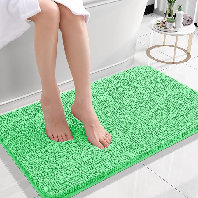 OLANLY Small Bathroom Rugs 24x16, Extra Soft Absorbent Chenille Bath Rugs, Rubber Backing Quick Dry, Machine Washable Bath Mats for Bathroom Floor, Tub and Shower, Home Decor Accessories, Mint Green | Mint Green, Quick-Drying Rubber Backing, Machine Wa...