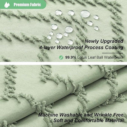 Stall Boho Shower Curtain Tufted Chevron 36"x72" Sage Green | Narrow Half Size, Elegant Tassel, Lightweight Textured Fabric, Water Repellent, Washable, for Small Bathroom/Dorm 6 Hooks