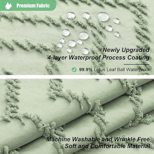 Dynamene Boho Farmhouse Shower Curtain, Sage Green Fabric Tufted Chevron Striped Textured Tassel Shower Curtains for Bathroom, Water Repellent, Minimalist Cloth Shower Curtain Set with Hook, 72x66
