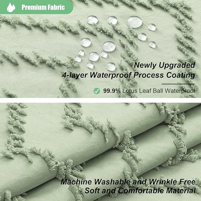 Stall Boho Shower Curtain Tufted Chevron 48"x72" Sage Green | 48 Inch Wide, Elegant Tassel, Lightweight Textured Fabric, Water Repellent, Washable, for Narrow Bathroom/Dorm 8 Hooks