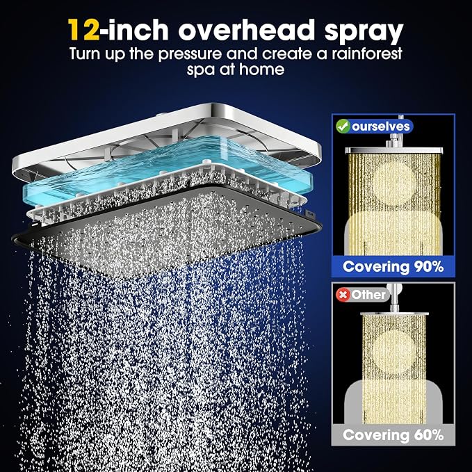 12" Filtered Shower Head with Handheld Rain Shower Head with Filters | Shower Filter Head for Hard Water,High Pressure,Dual Rainfall Shower Heads with Adjustable Extension Arm & Slide Bar,Black