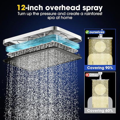 12" Filtered Shower Head with Handheld Rain Shower Head with Filters | Shower Filter Head for Hard Water,High Pressure,Dual Rainfall Shower Heads with Adjustable Extension Arm & Slide Bar,Black