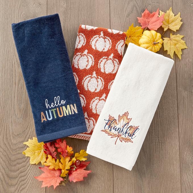 SKL Home Fall/Thanksgiving Thankful Leaf Hand Towel Set-2pc, Natural | 100% Cotton. Soft, embroidered velour. Great for the bathroom, kitchen or bar & holiday gifting.