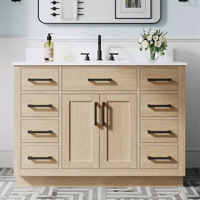 48-Inch Bathroom Vanity with Sink W/ 2 Doors & 8 Drawers & 1 Flip Drawer, Oak Vanity W/Matte Black Handles