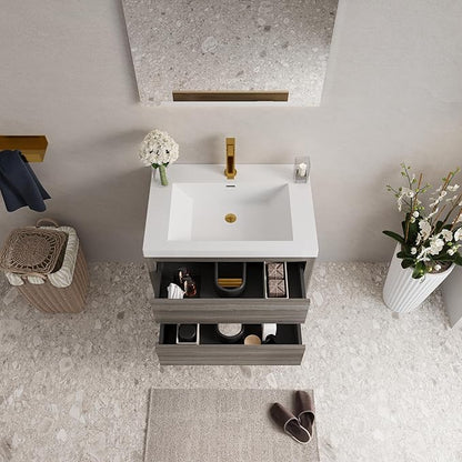Modern 30" Wall-Mounted Bathroom Vanity with Sink | Floating Storage Cabinet, Stone Resin Countertop, Soft Close Drawers | Ash Grey
