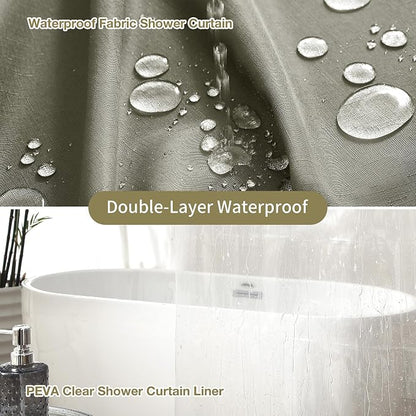 3 in 1 Shower Curtain Set, Khaki Shower Curtain and Liner Set with 12 Double Sided Shower Curtain Hooks, Cloth Shower Curtains for Bathroom,Waterproof, 72" W*72" H