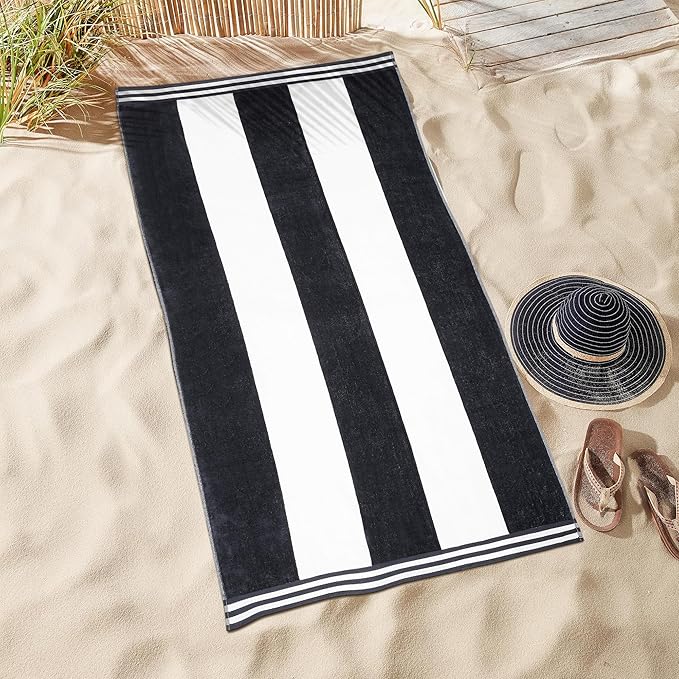 Superior Cotton Nautical Stripe Beach Towels, Colorful Towels for Adult, Kid, Pool, Swimming, Sand, Travel, Large Oversized, Absorbent, Fast Drying, Bath Basics, Cabana Collection, 1 Piece, Charcoal