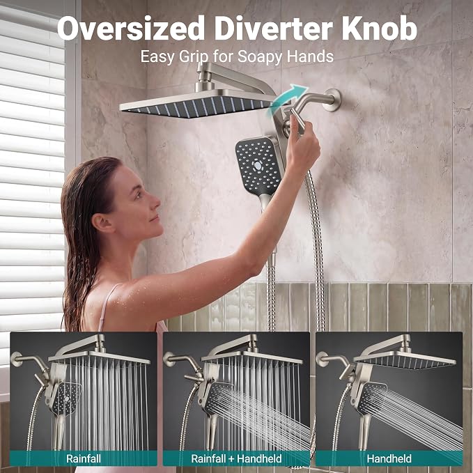 12" XXL Rainfall Shower Head with Handheld Combo Set, Nickel Brushed | High Pressure, Magnetic Docking, Air-Infusion Tech, Anti-Leak One-Piece Design, Dual Square Showerhead