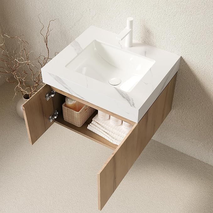 KEIKI 24 Inch Floating Bathroom Vanity with Sink, White Oak & White | Modern Wall Mounted Storage Cabinet with 2 Doors, Pre-assembled Wood Panels, Sintered Stone Top & Ceramic Basin Combo Set