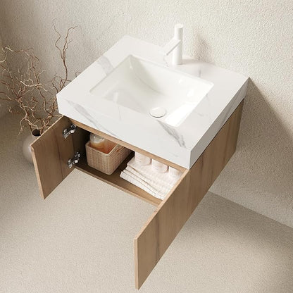 KEIKI 24 Inch Floating Bathroom Vanity with Sink, White Oak & White | Modern Wall Mounted Storage Cabinet with 2 Doors, Pre-assembled Wood Panels, Sintered Stone Top & Ceramic Basin Combo Set