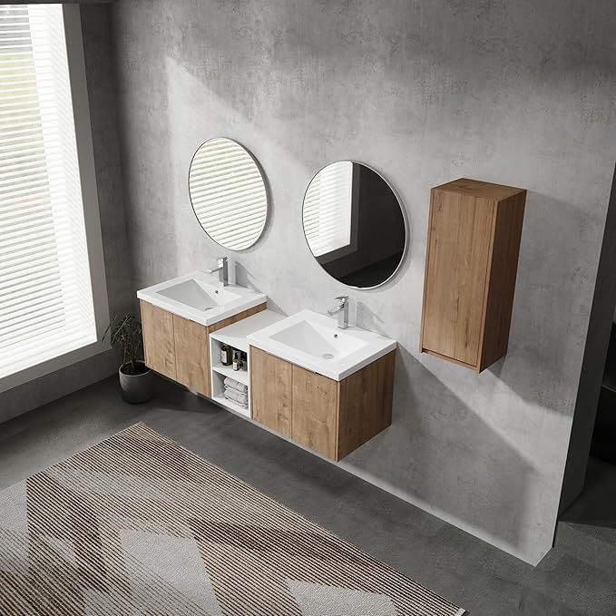 Henf 60" Floating Double Sink Bathroom Vanity Brown Wall Mount Bathroom Vanity Cabinet with Sink Combo, 60-Inch Bathroom Vanities Set with Open Storage Shelf & Side Cabinet & 2 24in Bathroom Vanities