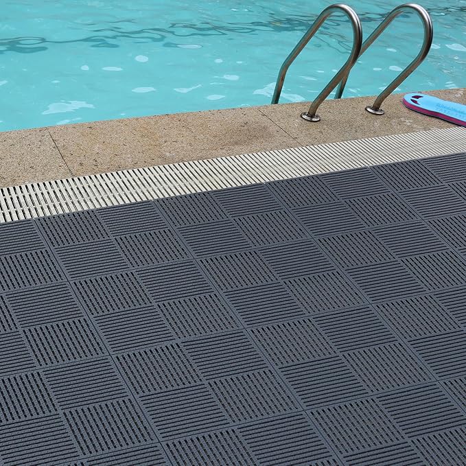 9 Pack Modular Interlocking Tiles Double Non-Slip 12"x12" Dark Gray | 0.4" Thick with Drain Holes for Pool Deck Shower Garage Basement Boat Pet Area Wet Floors Easy Install