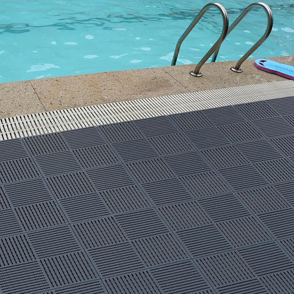 9 Pack Modular Interlocking Tiles Double Non-Slip 12"x12" Dark Gray | 0.4" Thick with Drain Holes for Pool Deck Shower Garage Basement Boat Pet Area Wet Floors Easy Install