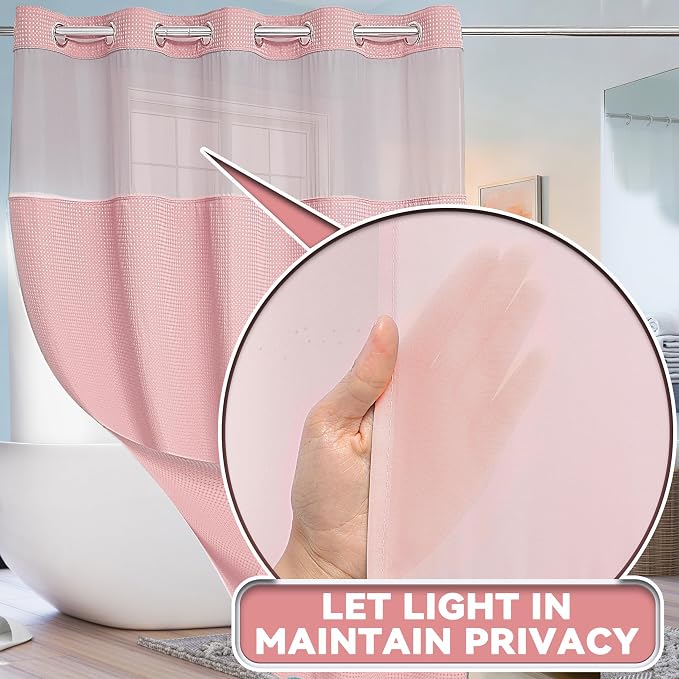Conbo Mio Extra Long No Hook Waffle Weave Shower Curtain with Snap in Liner Set, Hotel Luxury Pink Shower Curtains for Bathroom with See Through Top Window, Waterproof, Washable 71W x 84H