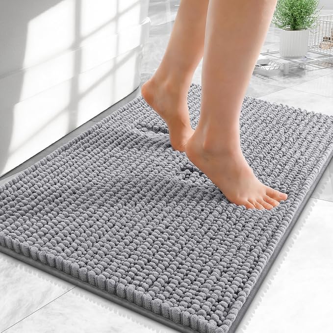 OLANLY Thick Chenille Small Bathroom Rugs 24x16, Absorbent Bath Mat, Grey | Soft Bath Rugs, Rubber Backing, Machine Wash Dry, Bath Mats for Bathroom, Tub and Shower, Home Decor Accessories