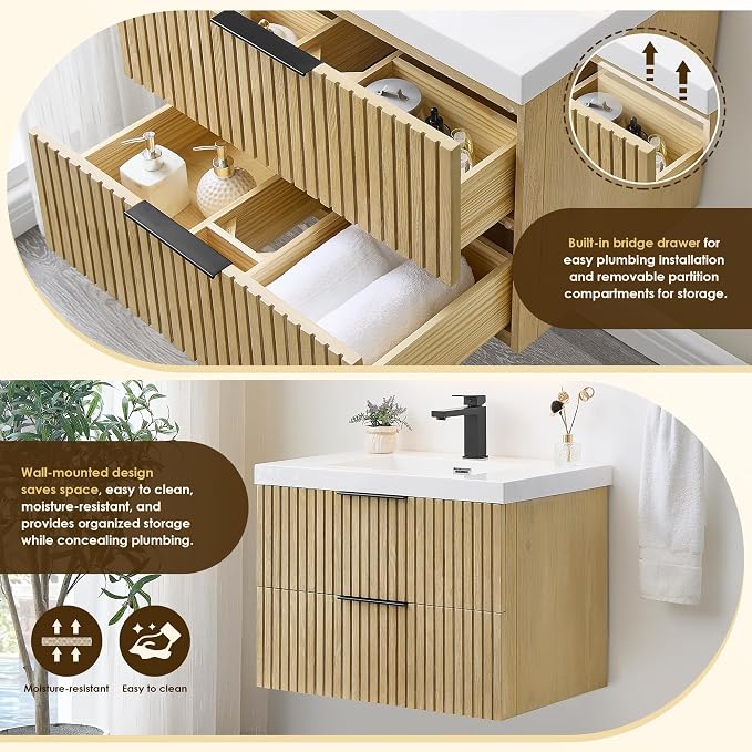 30 Inch Floating Sink Bathroom Vanity Wall Mount Single Vanities with Top | Pre-Assembled, Sturdy Solid Wood, Modern Vanity, Ceramic Sink, Large Storage Cabinet, Soft Closing Doors, Dovetail Drawers