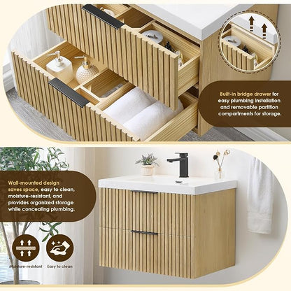 30 Inch Floating Sink Bathroom Vanity Wall Mount Single Vanities with Top | Pre-Assembled, Sturdy Solid Wood, Modern Vanity, Ceramic Sink, Large Storage Cabinet, Soft Closing Doors, Dovetail Drawers