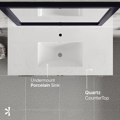 Eviva London 42 in. Blue Single Sink Bath Vanity with Carrara Quartz Top and Undermount Porcelain Sink