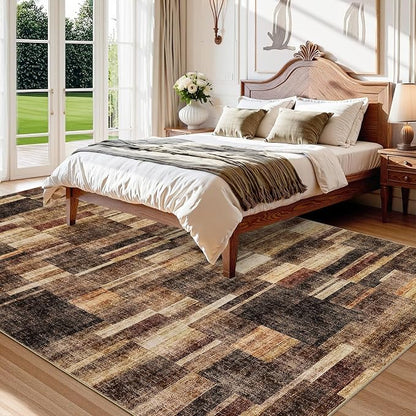 Large Living Room Area Rug 8x10 - Machine Washable Modern Rugs Geometric Brown Rug Non Slip Non-Shedding Low Pile Farmhouse Carpet for Bedroom Nursery Classroom Dorm 8'x10' Brown