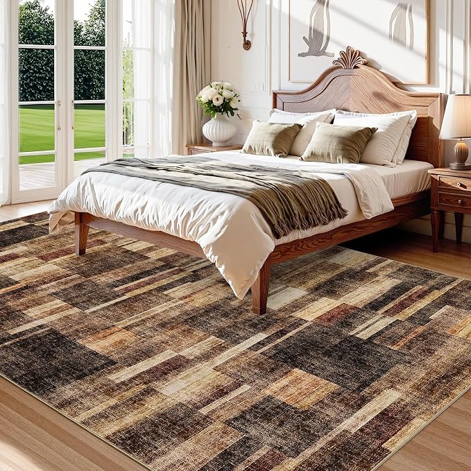 Washable Rug 9x12 Area Rug for Bedroom Geometric Modern Living Room Rug Farmhouse Non Slip Large Area Rug Soft Throw Rugs Stain Resistant Carpet for Dining Room Nursery Brown 9'x12'