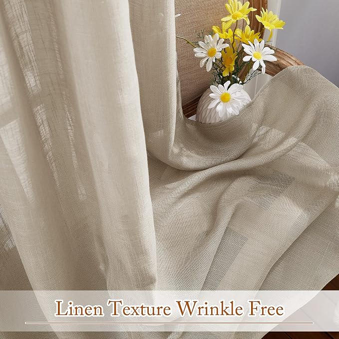 NICETOWN Sheer Curtains 84 inches Long, Linen Textured Rod Pocket & Back Tab Privacy Sheer Drapes with Light Through for Sliding Glass Door & Living Room Taupe, 52" Wide Per Panel, 1 Pair