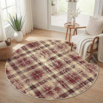 Tartan Plaid Round Rugs 5Ft Washable Area Rug for Playroom, Kids Non-Slip Neutral Classic Circle Rug Modern Large Carpet Soft Boys Rug for Classroom Dorm Bedroom, Red