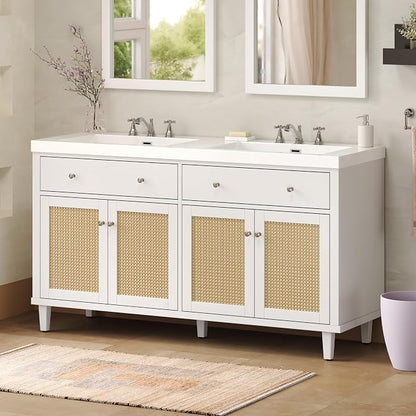 60" Double Sink Bathroom Vanity with Double Sinks, Soft Closing Doors and Flip-Out Drawers, Solid Wood Frame & MDF Modern Wood Bathroom Sink Cabinet, Freestanding Solid Wood Legs