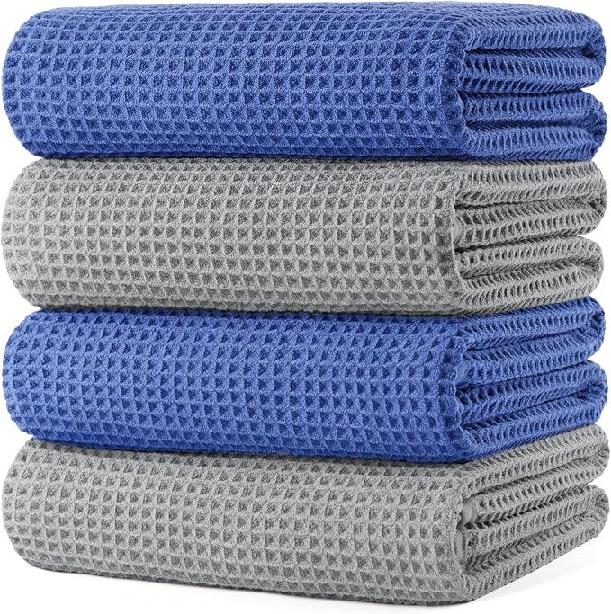 POLYTE 430 GSM Poly Blend Microfiber Quick Dry Waffle Bath Towel, 30x60 in | 4 Pack, Oversize, Lint Free, Body Towel