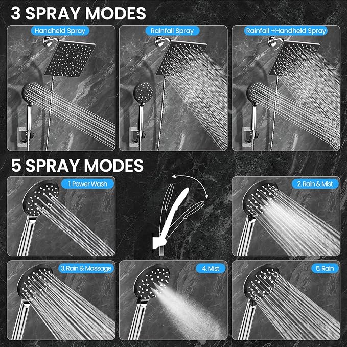 Veken Multi-Function Rain Shower Head with Handheld, High Pressure, Square | Rainfall Showerhead, Dual Shower Heads Combo, 5-mode Detachable Hand Held Spray with Hose, regaderas para shower, Chrome