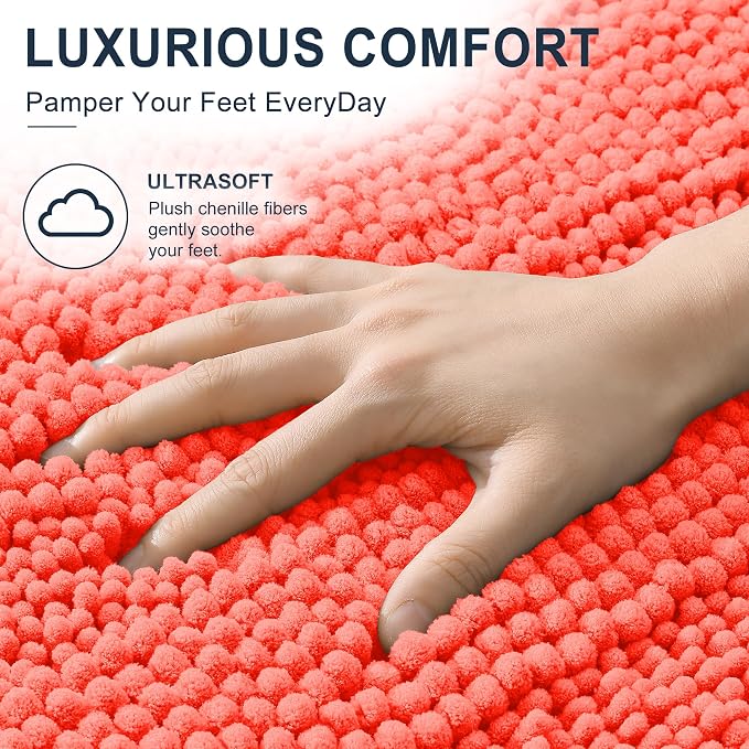 Smiry Thick Chenille Bathroom Runner Rugs 47x24, Absorbent Bath Mat, Coral | Quick‑Dry & Machine Washable, Non‑Slip Bath Carpet, Soft Striped Bath Rugs for Tub & Shower, Modern Home Decor Accessories