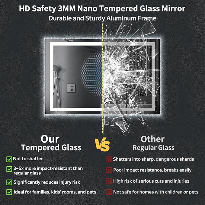 30"x50" LED Bathroom Mirror with Lights, Anti-Fog, Backlit+Frontlit | CRI 95, Stepless Dimmable, 3 Colors Lighting, Shatterproof Tempered Glass, HD Reflection, Memory, (Horizontal/Vertical)