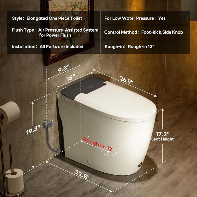 One Piece Toilet with 17.2" ADA Comfort Height Seat, Dark Gray | Compact Modern Toilet for Bathroom,1.0GPF Button & Foot Kick Flush, Air Pressure Assisted Flush, Elongated Bowl,12'' Rough-in
