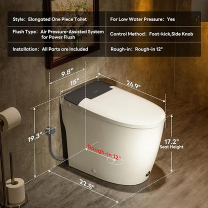 One Piece Toilet with 17.2" ADA Comfort Height Seat, Dark Gray | Compact Modern Toilet for Bathroom,1.0GPF Button & Foot Kick Flush, Air Pressure Assisted Flush, Elongated Bowl,12'' Rough-in