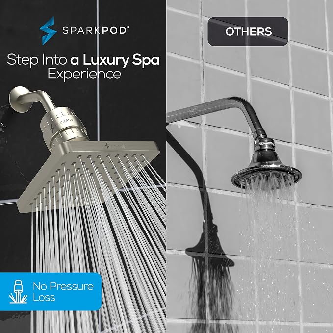 SparkPod Filtered Shower Head, 23-Stage, 8" Square, Brushed Nickel | Showerhead for Hard Water, High Pressure, Reduces Chlorine, Heavy Metals, For Dry Skin & Hair, Removable Capsule Filter