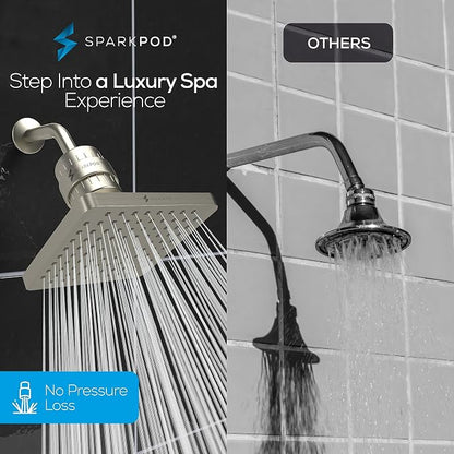 SparkPod Filtered Shower Head, 23-Stage, 8" Square, Brushed Nickel | Showerhead for Hard Water, High Pressure, Reduces Chlorine, Heavy Metals, For Dry Skin & Hair, Removable Capsule Filter