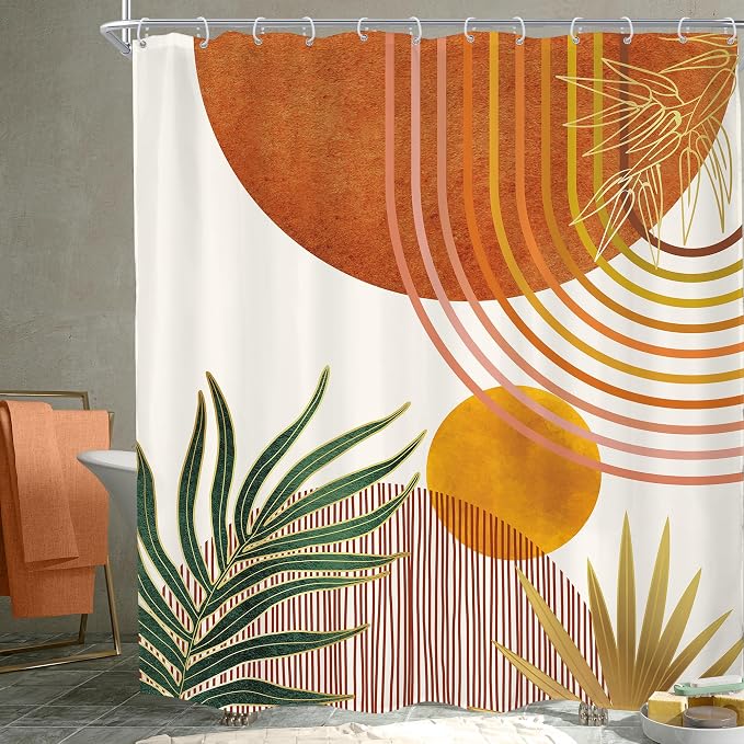Mid Century Orange Boho Abstract Retro Gold Bathroom Shower Curtain Set | 72Wx78H Contemporary Arch design, waterproof HD print with fast-drying fabric and 12 hooks.